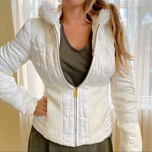 White puffer jacket with corset style waist